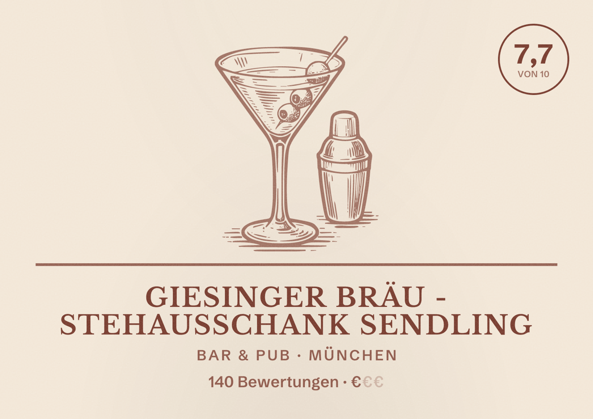 Illustriertes Poster von Giesinger Bräu - Stehausschank Sendling, Bar & Pub in München: Bewertung 7,7 von 10 aus 140 Bewertungen, Preisniveau €