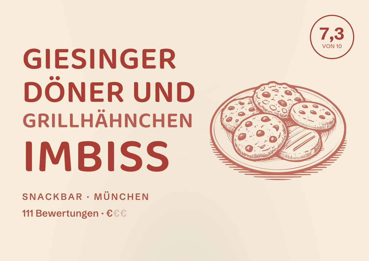 Illustriertes Poster von Giesinger Döner und Grillhähnchen Imbiss, Snackbar in München: Bewertung 7,3 von 10 aus 111 Bewertungen, Preisniveau €