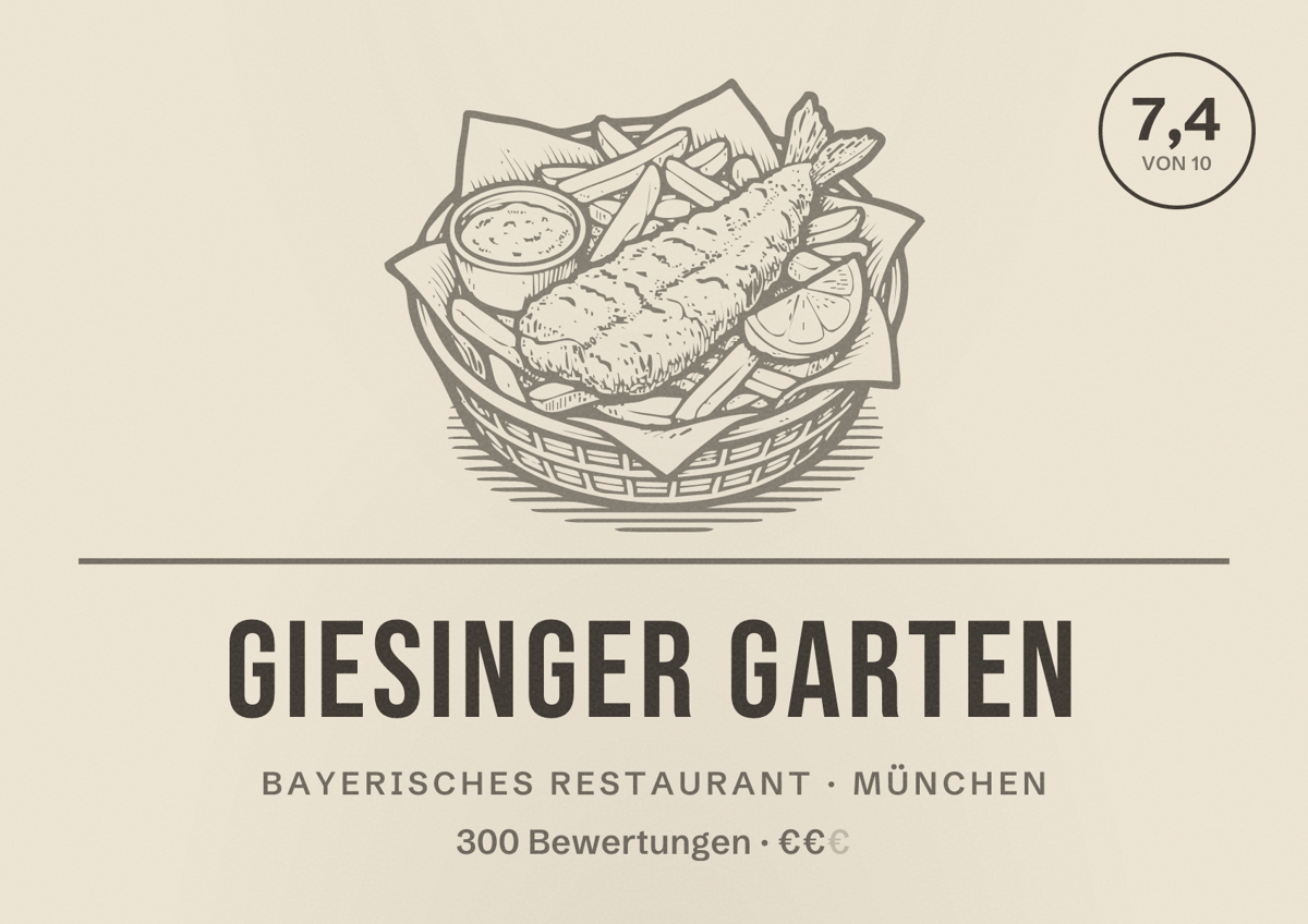 Illustriertes Poster von Giesinger Garten, Bayerisches Restaurant in München: Bewertung 7,4 von 10 aus 300 Bewertungen, Preisniveau €€