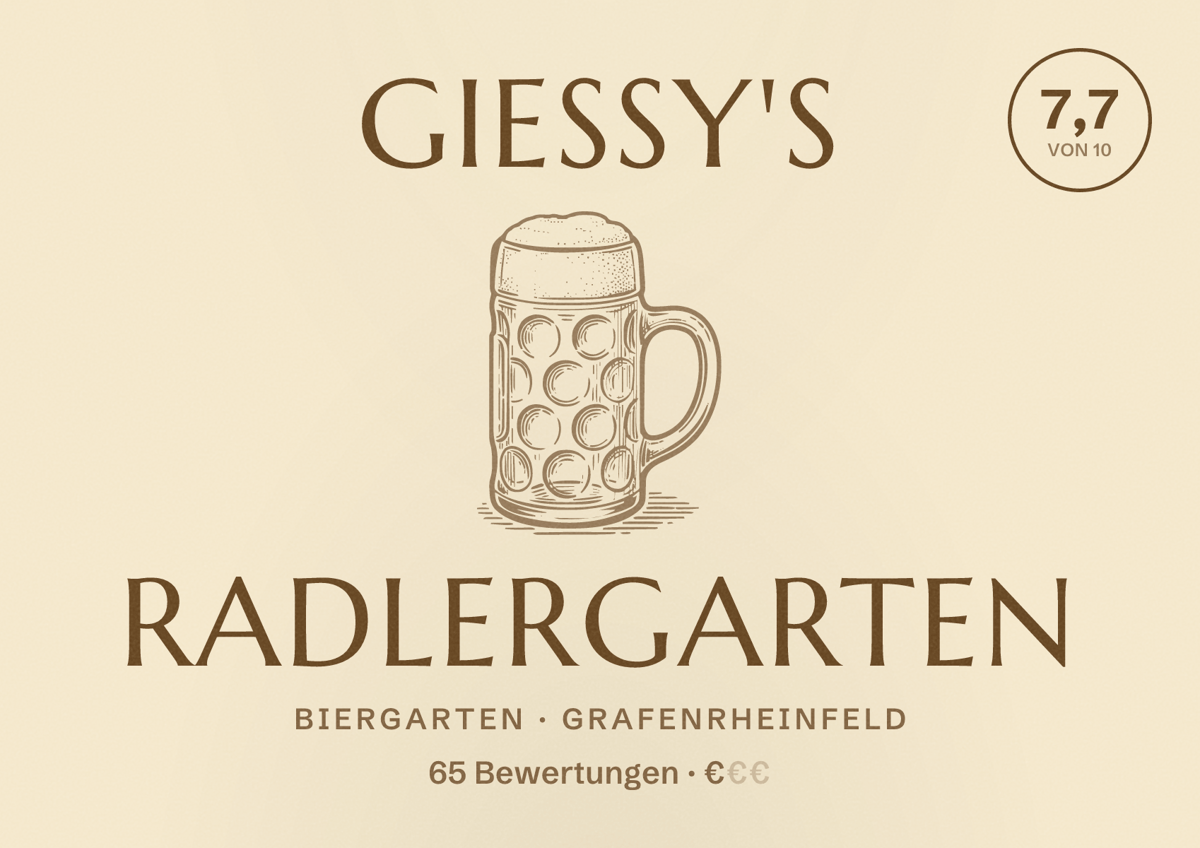 Illustriertes Poster von Gießy's Radlergarten, Biergarten in Grafenrheinfeld: Bewertung 7,7 von 10 aus 65 Bewertungen, Preisniveau €