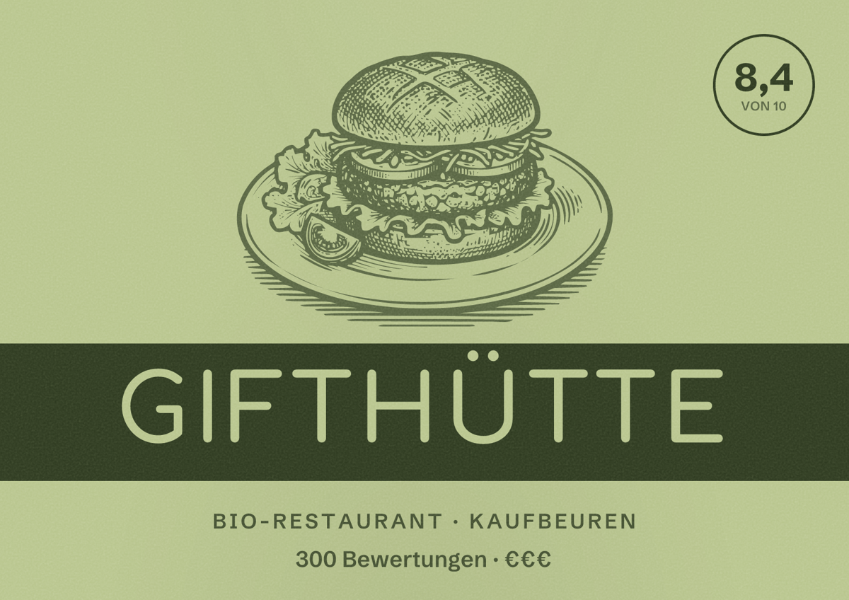 Illustriertes Poster von Gifthütte, Bio-Restaurant in Kaufbeuren: Bewertung 8,4 von 10 aus 300 Bewertungen, Preisniveau €€€