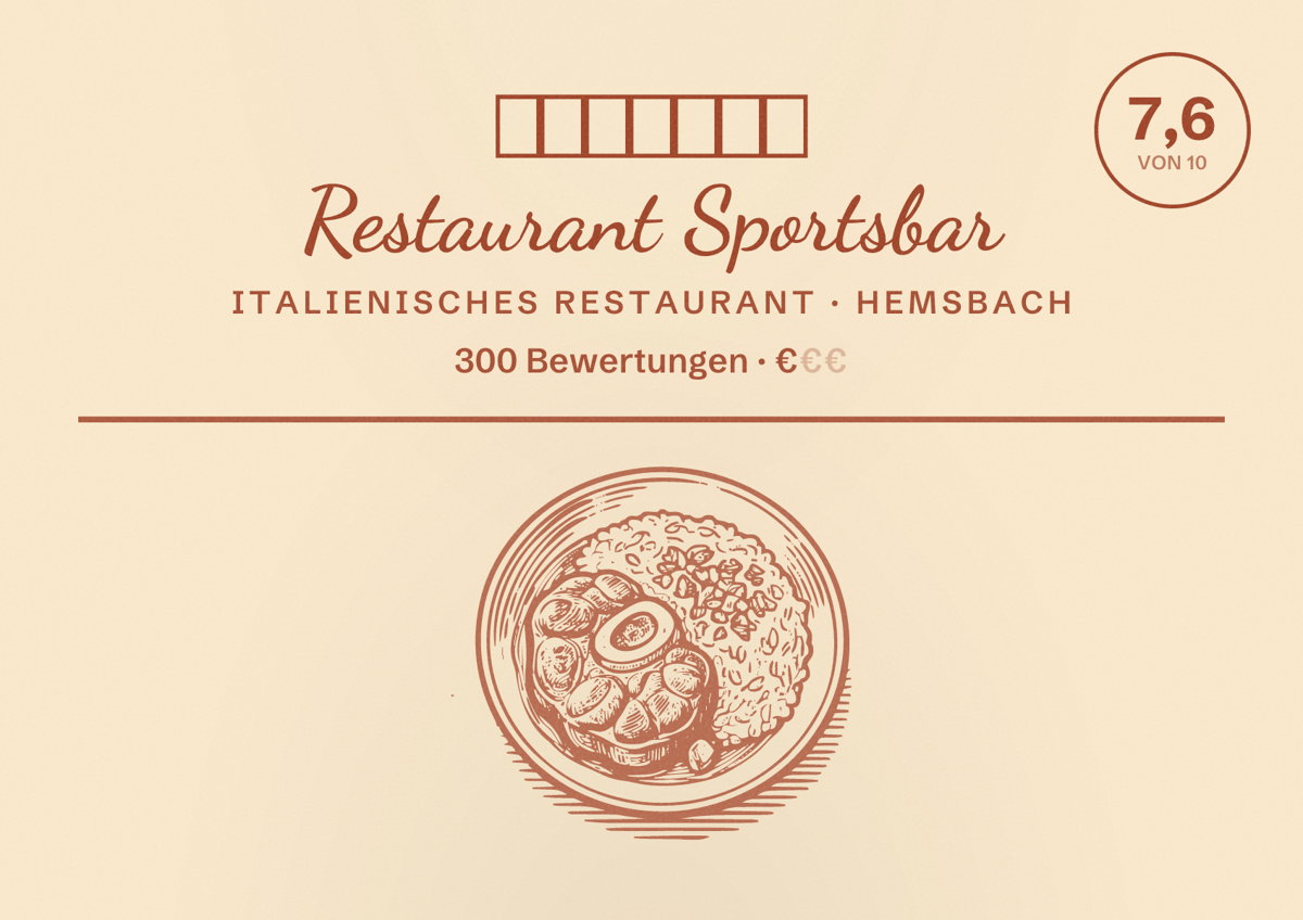Illustriertes Poster von 𝙂𝙄𝙂𝘼𝙈𝙊𝙏 Restaurant Sportsbar, Italienisches Restaurant in Hemsbach: Bewertung 7,6 von 10 aus 300 Bewertungen, Preisniveau €