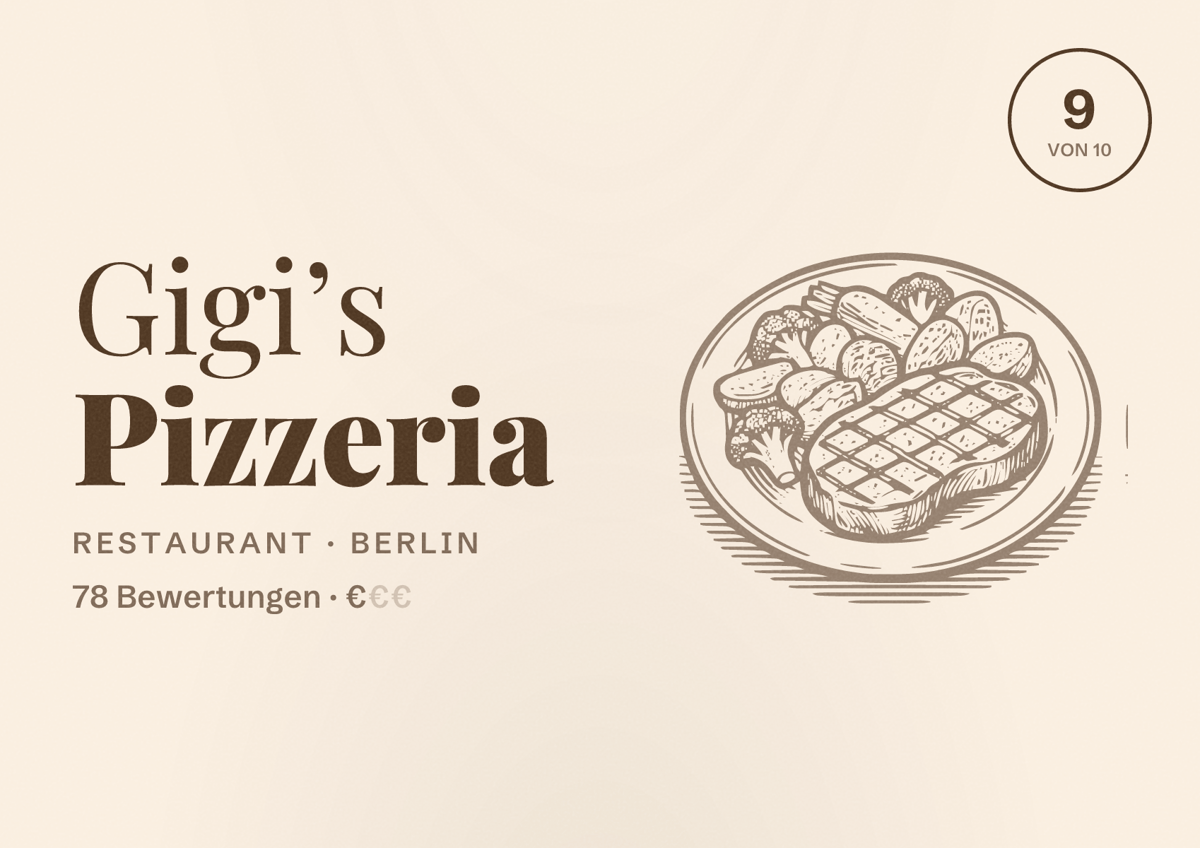 Illustriertes Poster von Gigi’s Pizzeria, Restaurant in Berlin: Bewertung 9,0 von 10 aus 78 Bewertungen, Preisniveau €