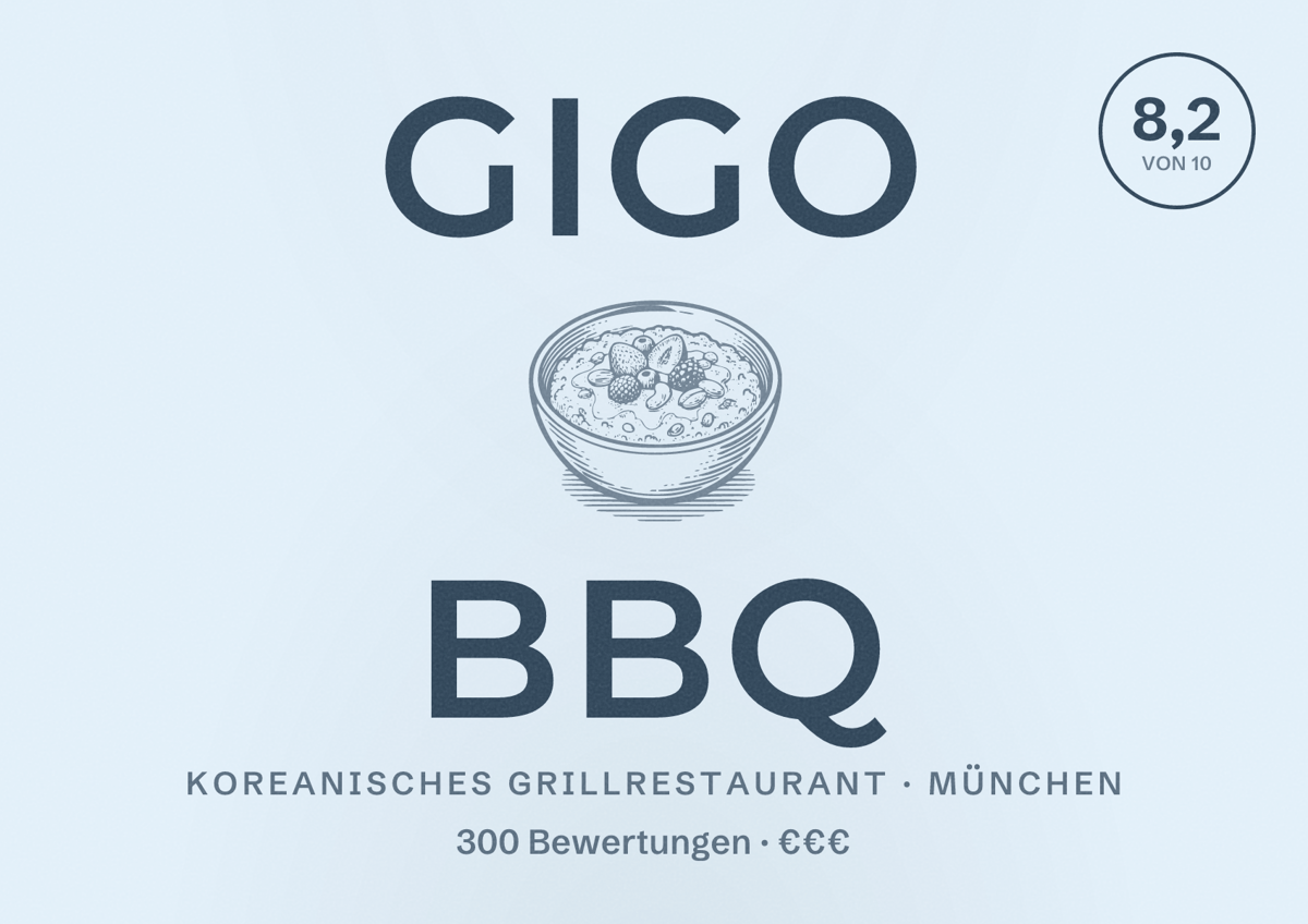 Illustriertes Poster von GiGo BBQ, Koreanisches Grillrestaurant in München: Bewertung 8,2 von 10 aus 300 Bewertungen, Preisniveau €€€