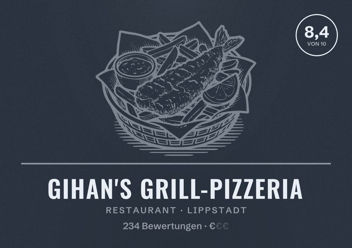 Illustriertes Poster von Gihan's Grill-Pizzeria, Restaurant in Lippstadt: Bewertung 8,4 von 10 aus 234 Bewertungen, Preisniveau €