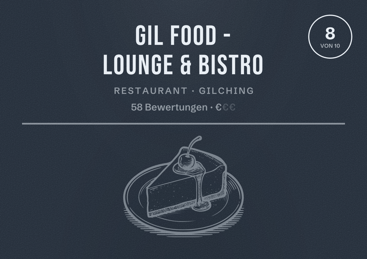 Illustriertes Poster von Gil Food - Lounge & Bistro, Restaurant in Gilching: Bewertung 8 von 10 aus 58 Bewertungen, Preisniveau €