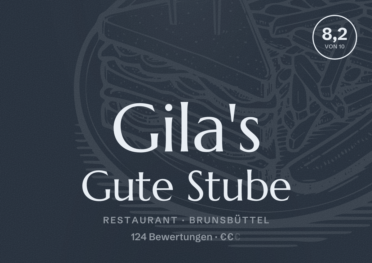 Illustriertes Poster von Gila's Gute Stube, Restaurant in Brunsbüttel: Bewertung 8,2 von 10 aus 124 Bewertungen, Preisniveau €€