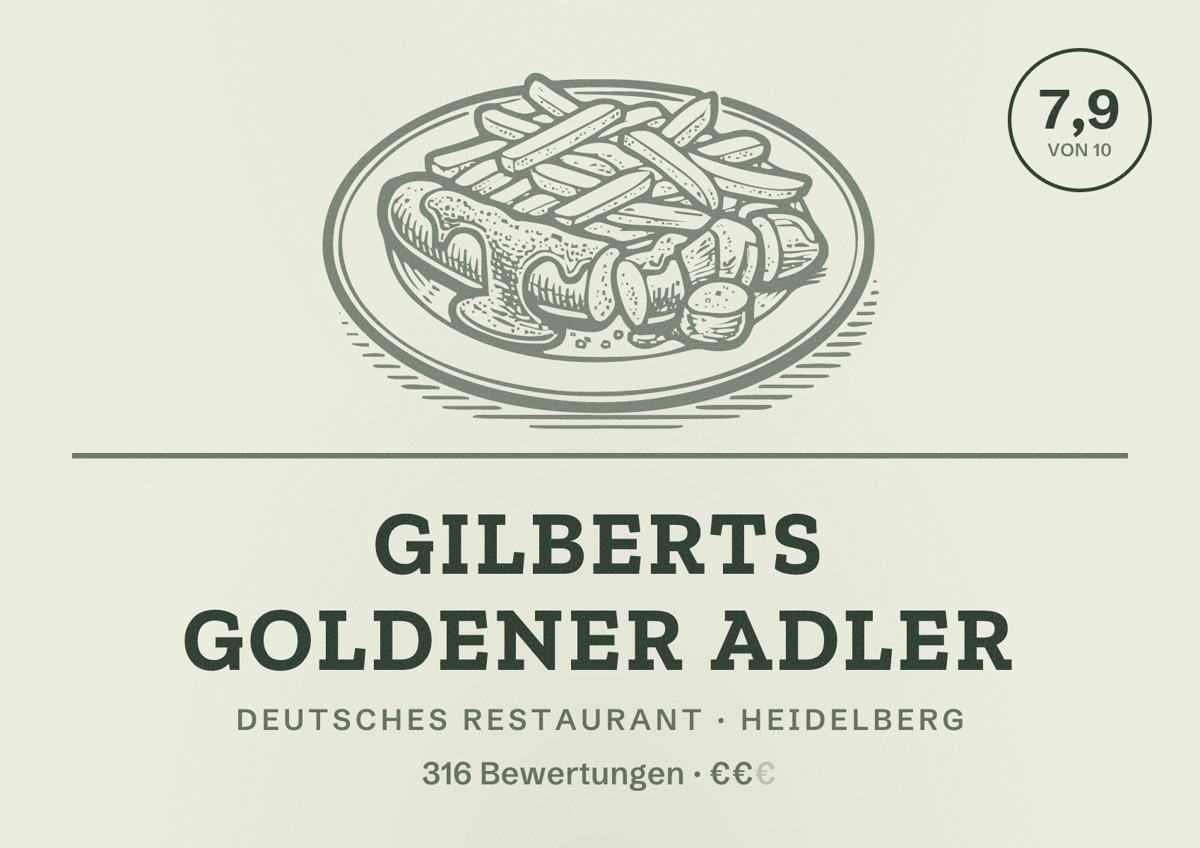 Illustriertes Poster von Gilberts Goldener Adler, Deutsches Restaurant in Heidelberg: Bewertung 7,9 von 10 aus 316 Bewertungen, Preisniveau €€