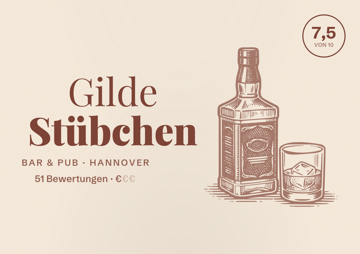 Illustriertes Poster von Gilde Stübchen, Bar & Pub in Hannover: Bewertung 7,5 von 10 aus 51 Bewertungen, Preisniveau €