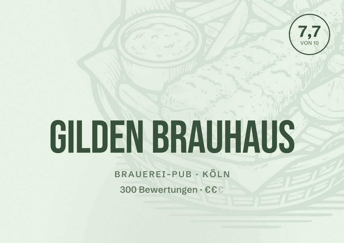 Illustriertes Poster von Gilden Brauhaus, Brauerei-Pub in Köln: Bewertung 7,7 von 10 aus 300 Bewertungen, Preisniveau €€