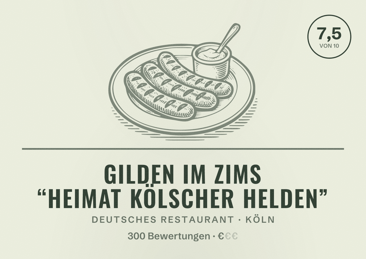 Illustriertes Poster von Gilden im Zims “Heimat kölscher Helden”, Deutsches Restaurant in Köln: Bewertung 7,5 von 10 aus 300 Bewertungen, Preisniveau €