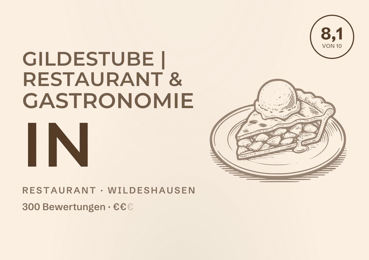 Illustriertes Poster von Gildestube | Restaurant & Gastronomie in, Restaurant in Wildeshausen: Bewertung 8,1 von 10 aus 300 Bewertungen, Preisniveau €€