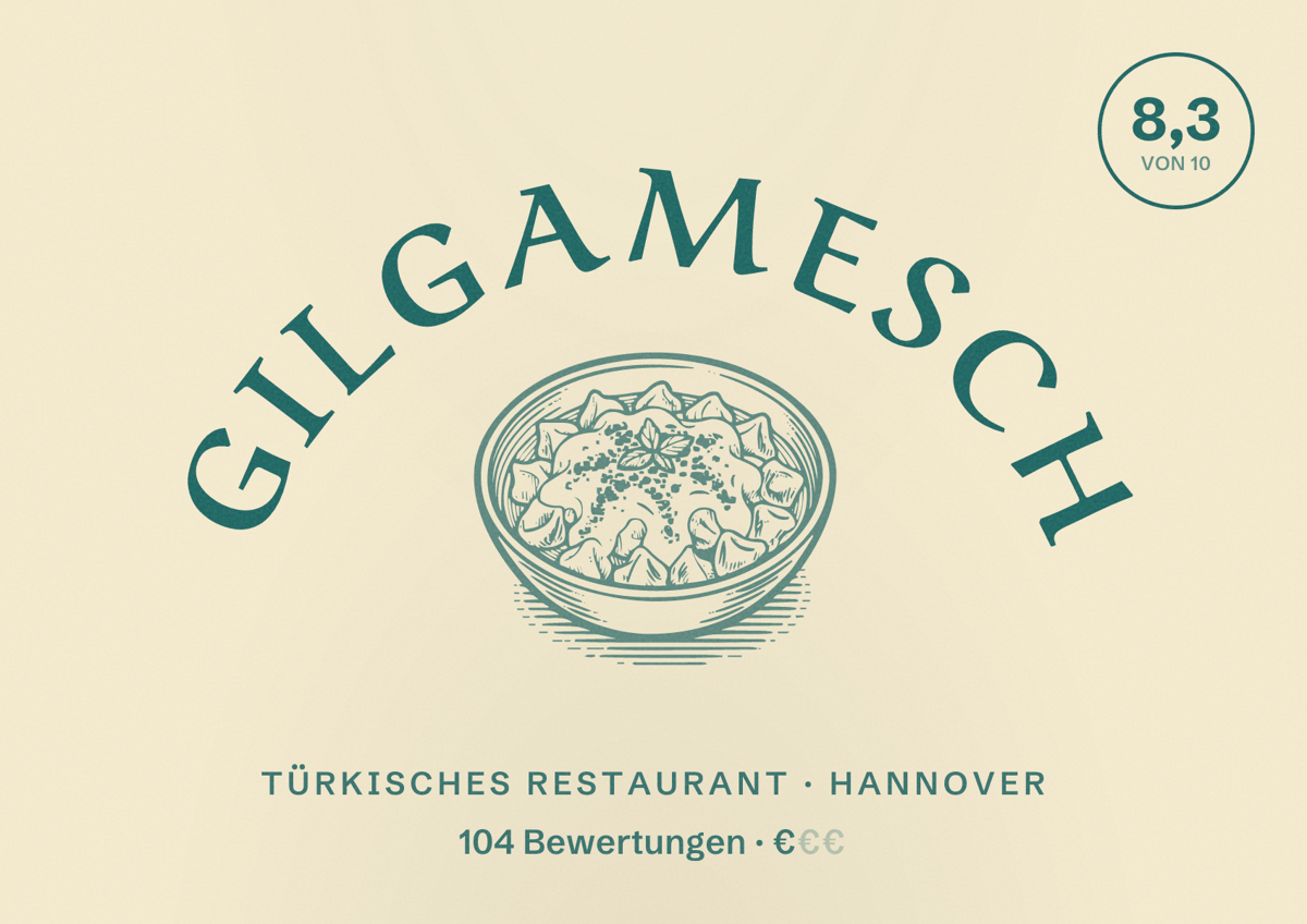 Illustriertes Poster von Gilgamesch, Türkisches Restaurant in Hannover: Bewertung 8,3 von 10 aus 104 Bewertungen, Preisniveau €
