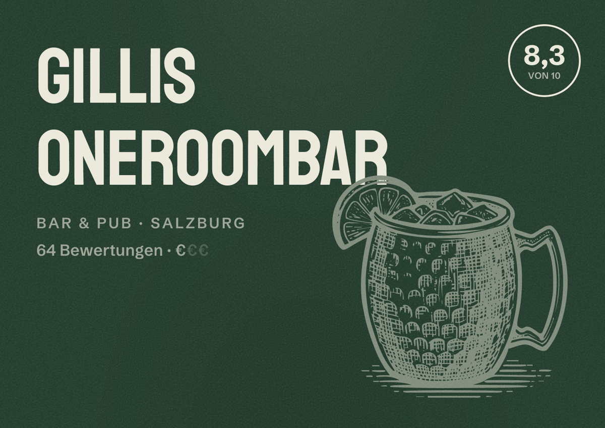 Illustriertes Poster von Gillis OneRoomBar, Bar & Pub in Salzburg: Bewertung 8,3 von 10 aus 64 Bewertungen, Preisniveau €