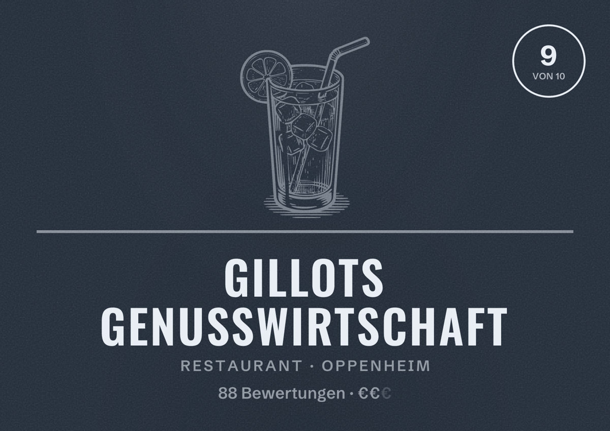 Illustriertes Poster von Gillots Genusswirtschaft, Restaurant in Oppenheim: Bewertung 9 von 10 aus 88 Bewertungen, Preisniveau €€