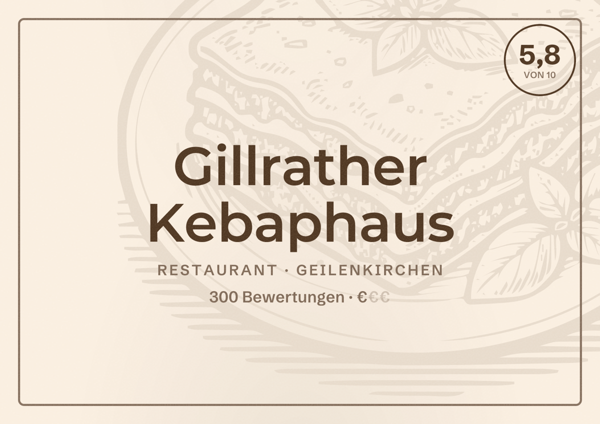 Illustriertes Poster von Gillrather Kebaphaus, Restaurant in Geilenkirchen: Bewertung 5,8 von 10 aus 300 Bewertungen, Preisniveau €