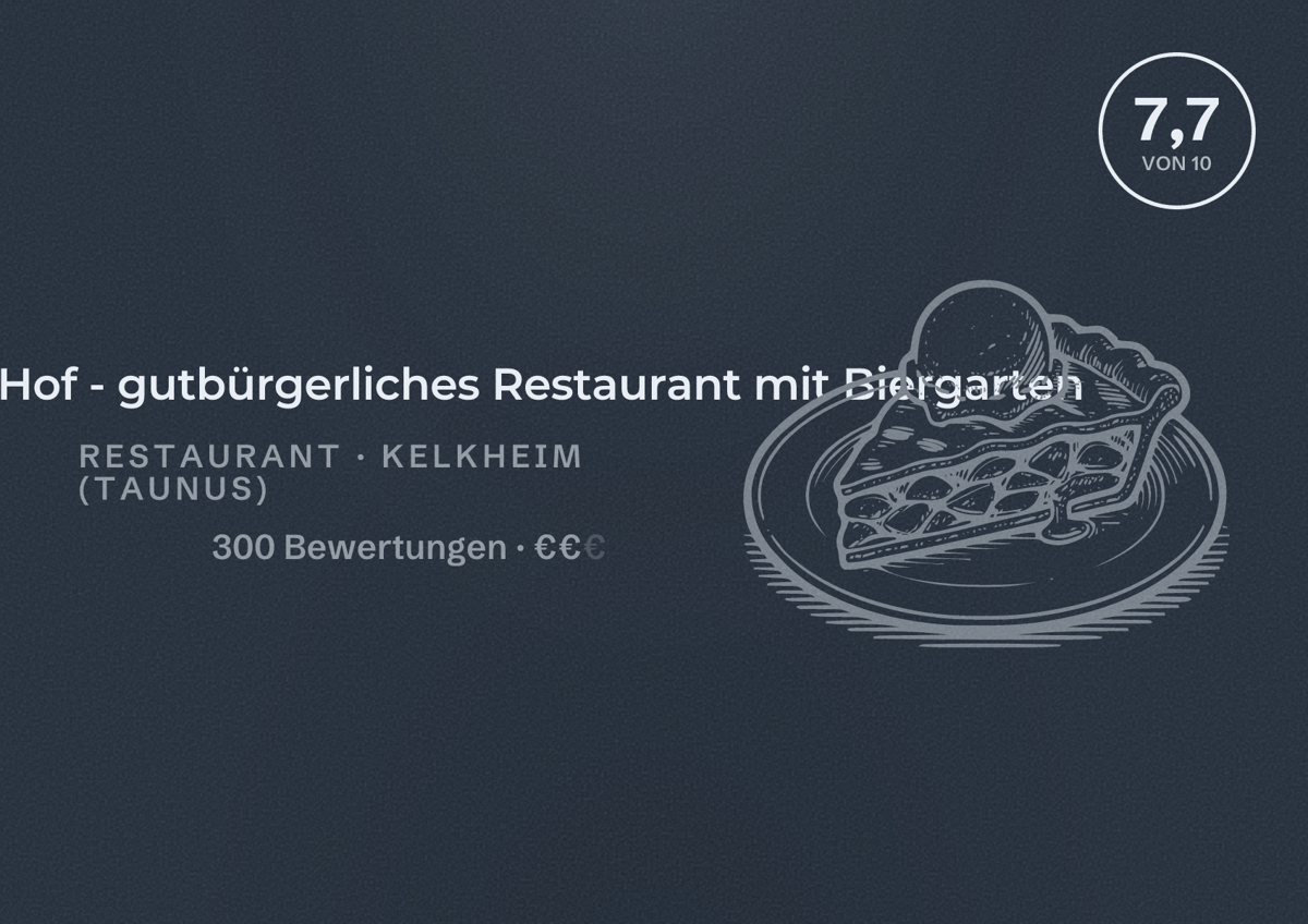Illustriertes Poster von Gimbacher Hof - gutbürgerliches Restaurant mit Biergarten, Restaurant in Kelkheim (Taunus): Bewertung 7,7 von 10 aus 300 Bewertungen, Preisniveau €€