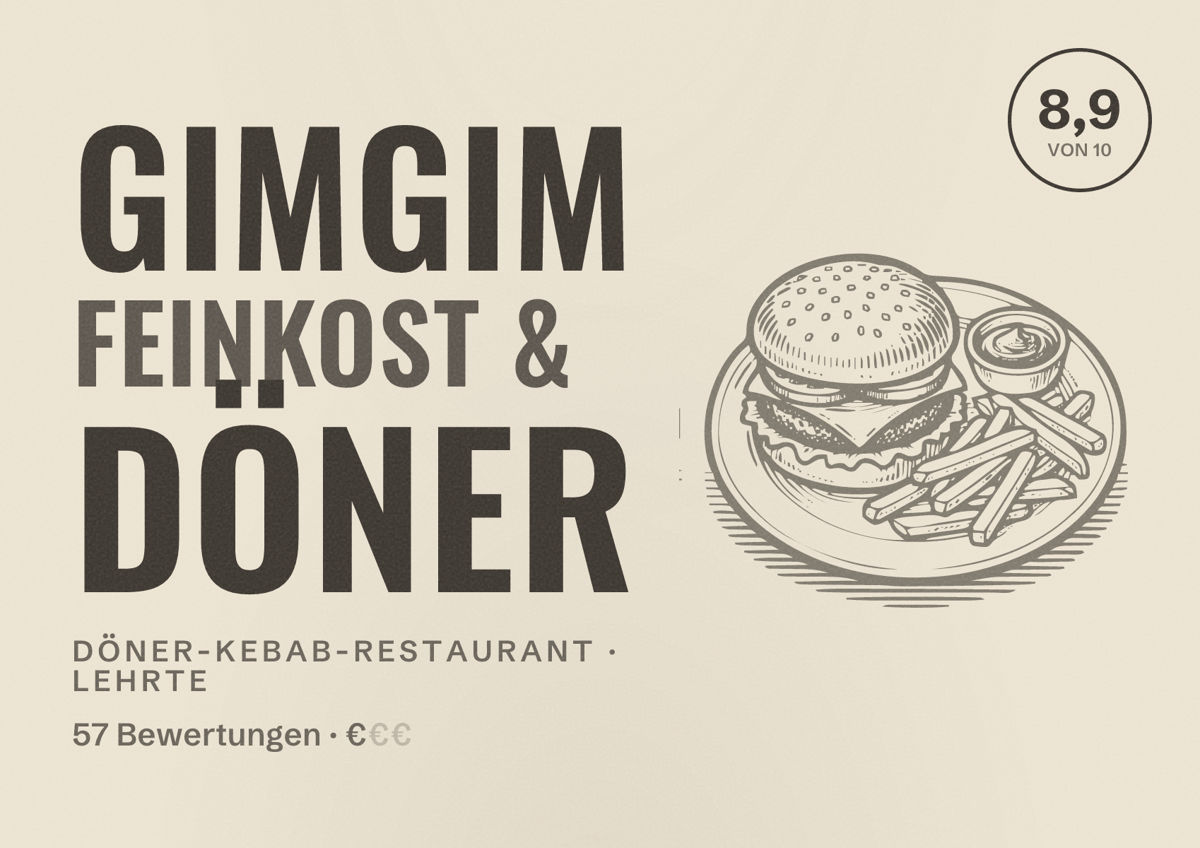 Illustriertes Poster von Gimgim Feinkost & Döner, Döner-Kebab-Restaurant in Lehrte: Bewertung 8,9 von 10 aus 57 Bewertungen, Preisniveau €