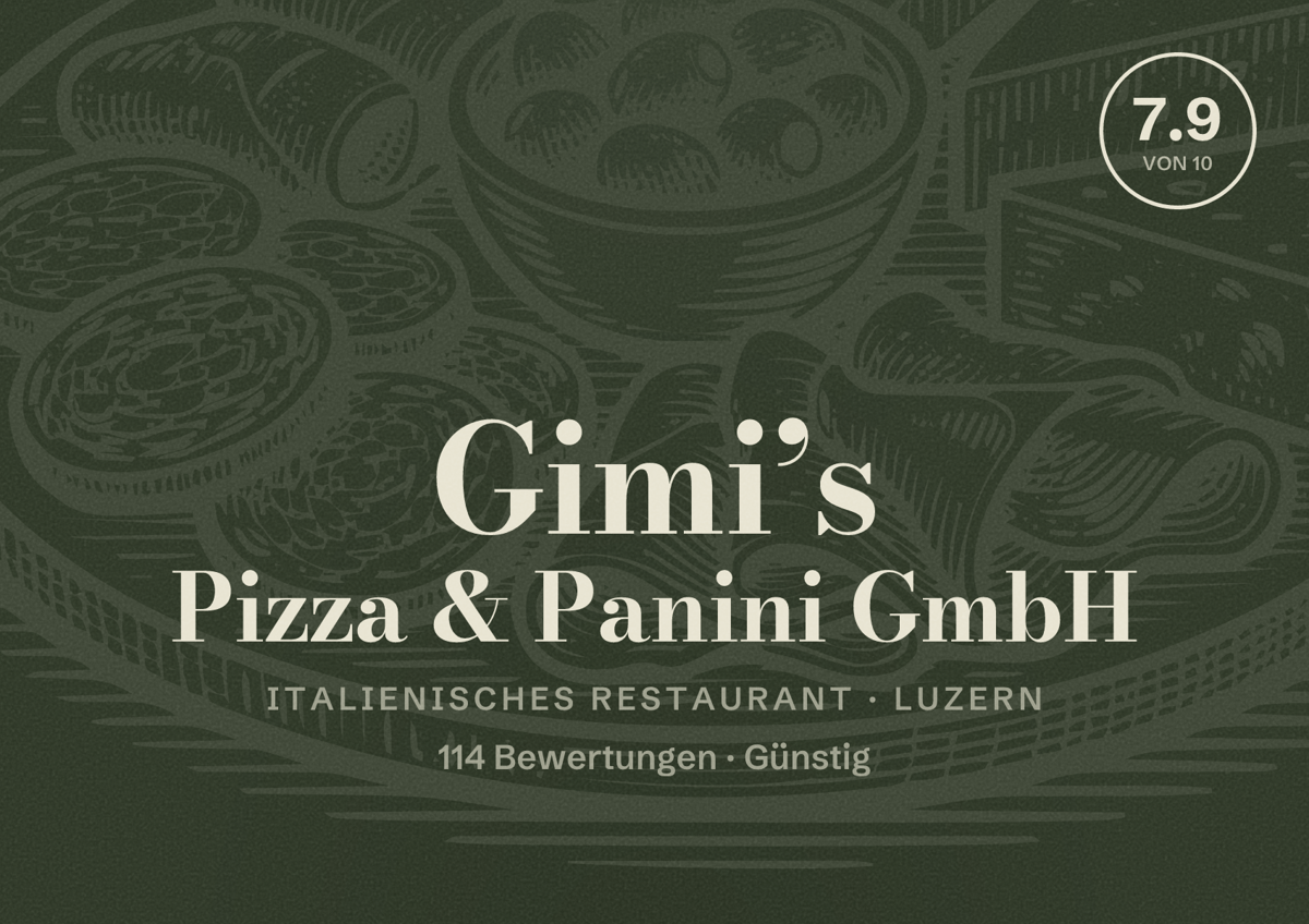 Illustriertes Poster von Gimi’s Pizza & Panini GmbH, Italienisches Restaurant in Luzern: Bewertung 7.9 von 10 aus 114 Bewertungen, Preisniveau Günstig