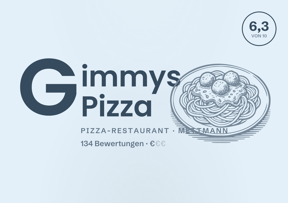 Illustriertes Poster von Gimmys Pizza, Pizza-Restaurant in Mettmann: Bewertung 6,3 von 10 aus 134 Bewertungen, Preisniveau €