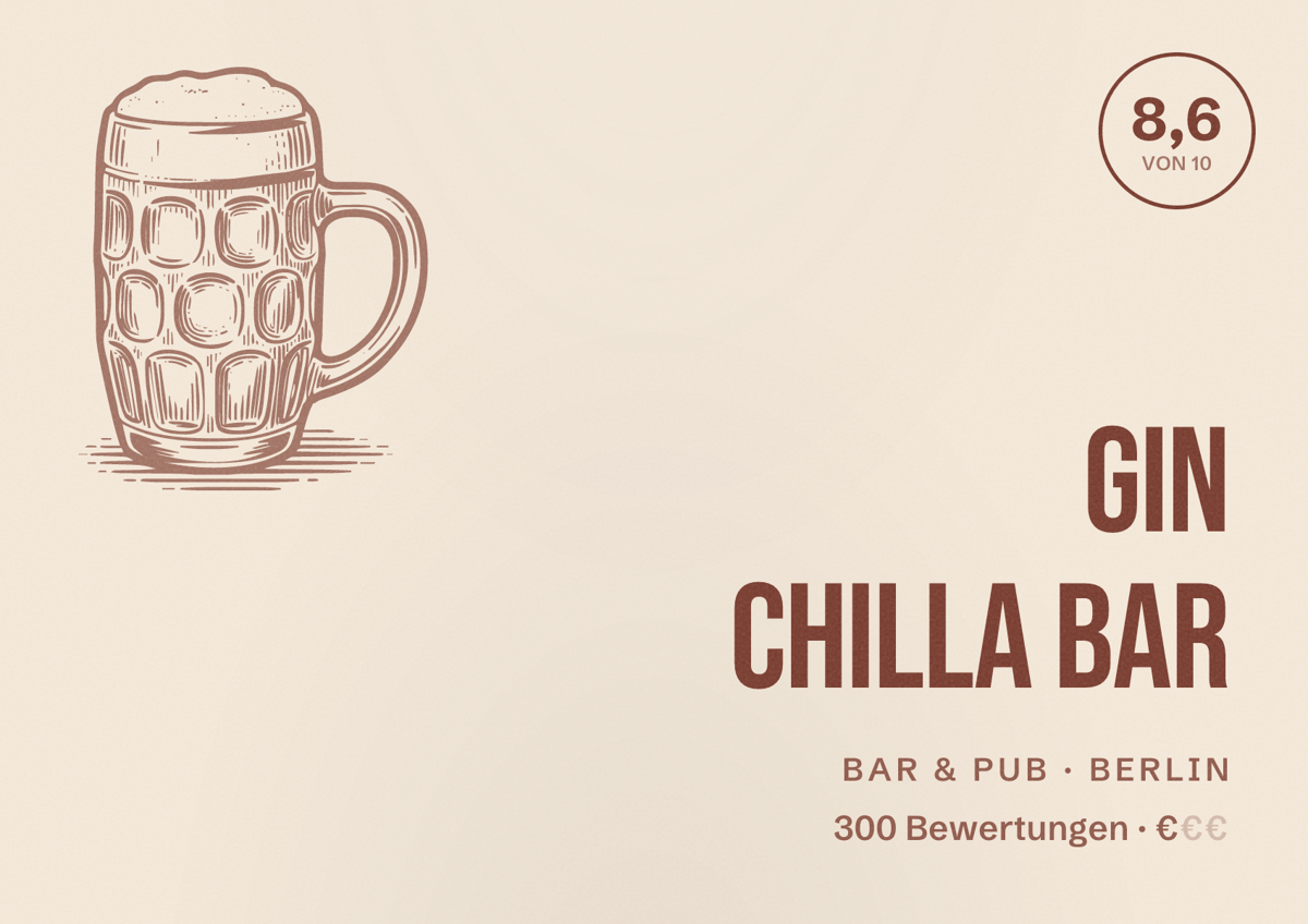 Illustriertes Poster von Gin Chilla Bar, Bar & Pub in Berlin: Bewertung 8,6 von 10 aus 300 Bewertungen, Preisniveau €