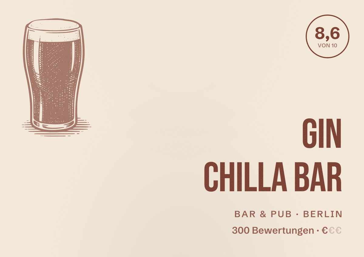 Illustriertes Poster von Gin Chilla Bar, Bar & Pub in Berlin: Bewertung 8,6 von 10 aus 300 Bewertungen, Preisniveau €