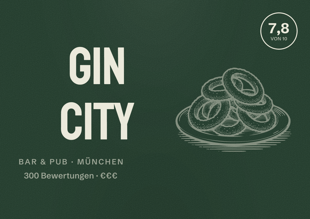 Illustriertes Poster von Gin City, Bar & Pub in München: Bewertung 7,8 von 10 aus 300 Bewertungen, Preisniveau €€€