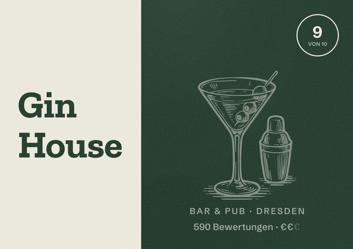 Illustriertes Poster von Gin House, Bar & Pub in Dresden: Gästebewertung 9 von 10 aus 590 Bewertungen