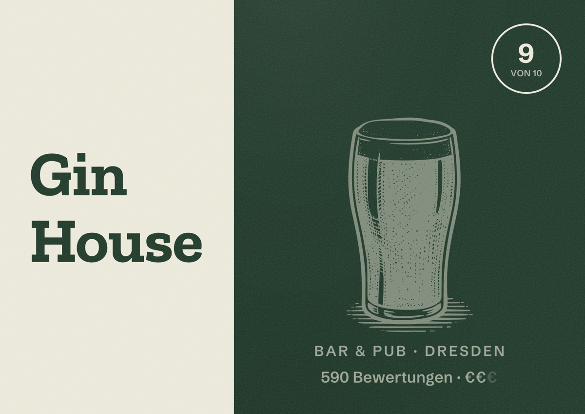 Illustriertes Poster von Gin House, Bar & Pub in Dresden: Bewertung 9,0 von 10 aus 590 Bewertungen, Preisniveau €€