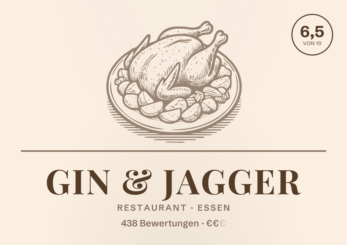 Illustriertes Poster von Gin & Jagger, Restaurant in Essen: Bewertung 6,5 von 10 aus 438 Bewertungen, Preisniveau €€