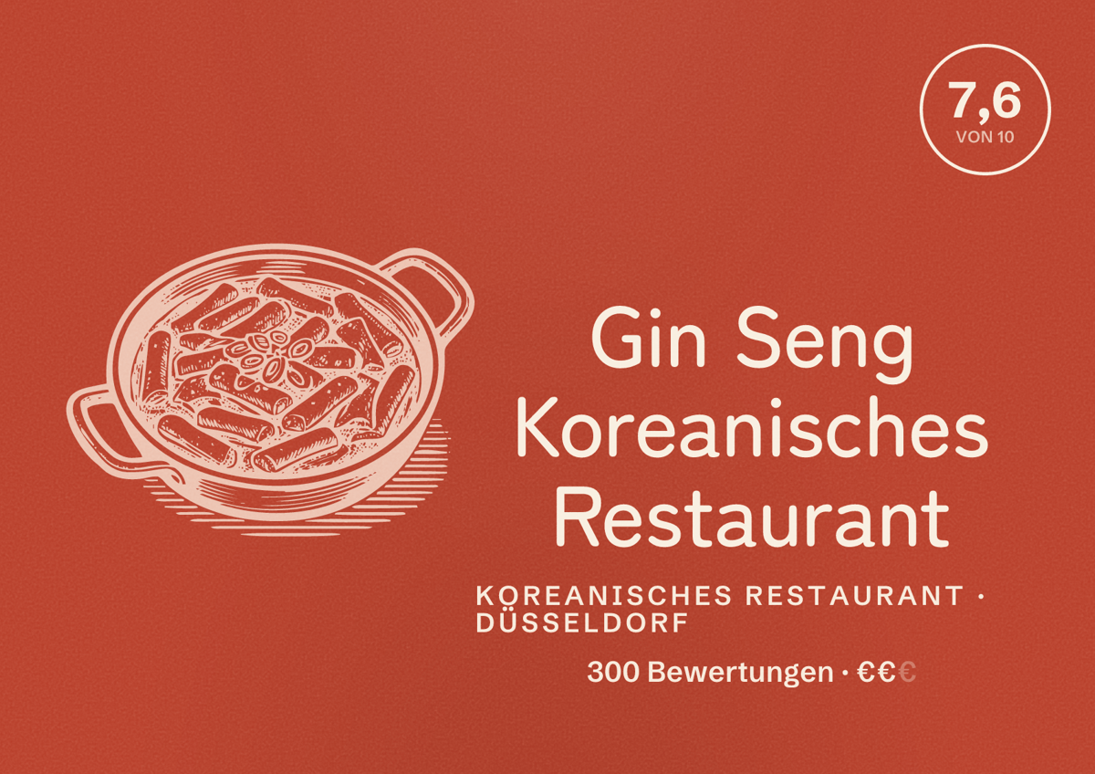Illustriertes Poster von Gin Seng Koreanisches Restaurant, Koreanisches Restaurant in Düsseldorf: Bewertung 7,6 von 10 aus 300 Bewertungen, Preisniveau €€