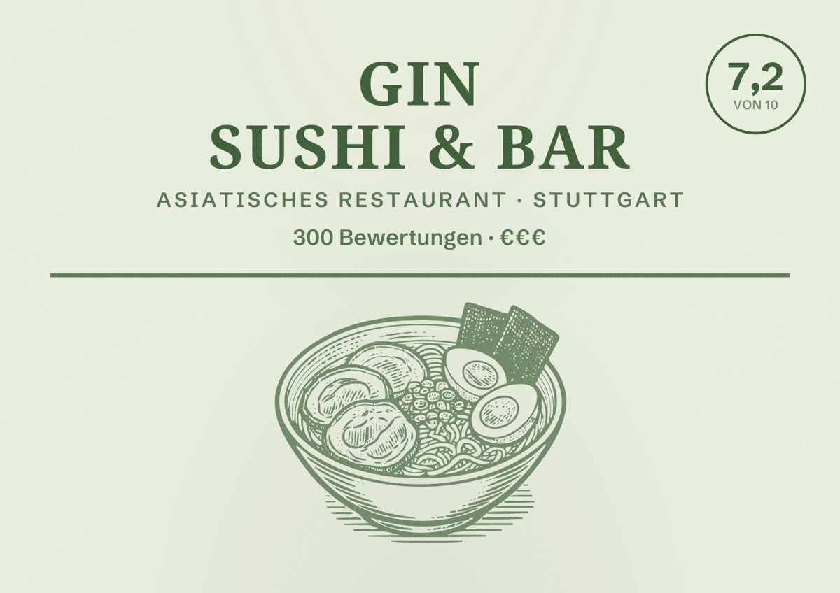 Illustriertes Poster von Gin Sushi & Bar, Asiatisches Restaurant in Stuttgart: Bewertung 7,2 von 10 aus 300 Bewertungen, Preisniveau €€€
