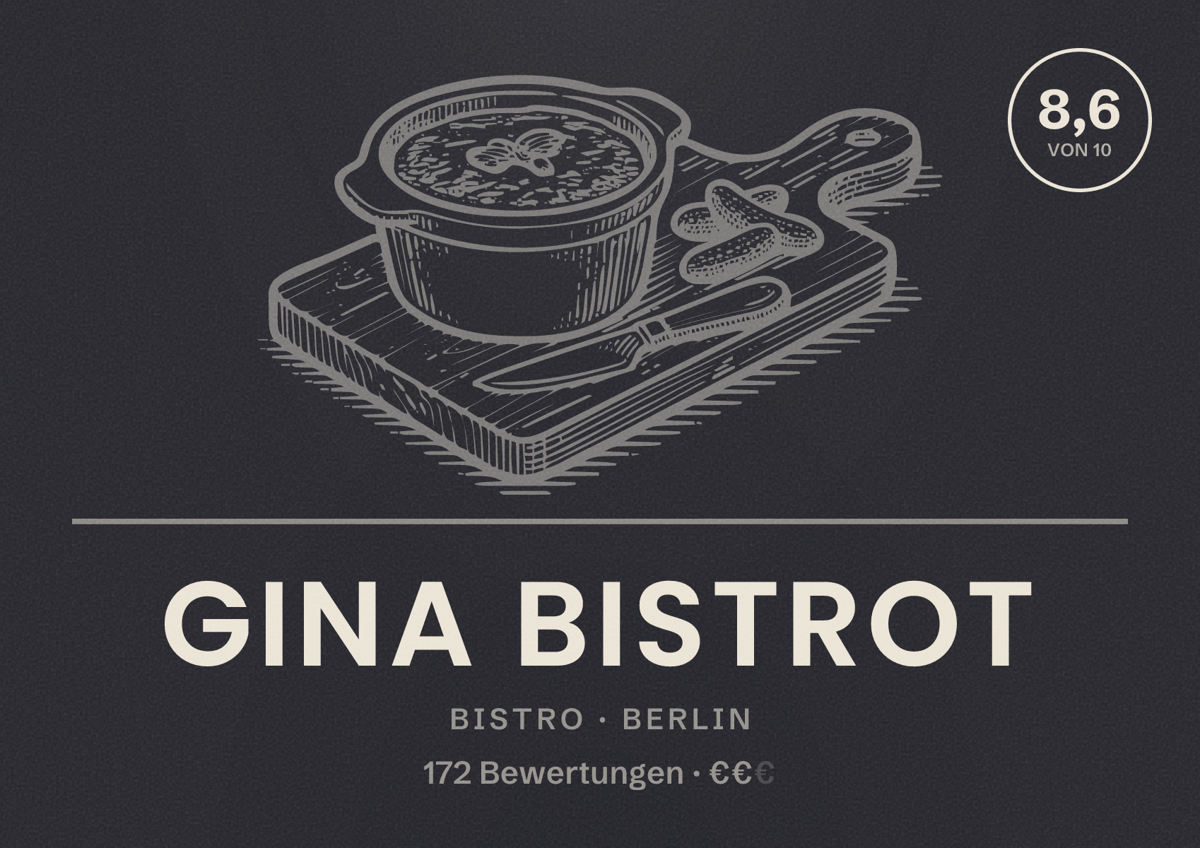 Illustriertes Poster von Gina Bistrot, Bistro in Berlin: Bewertung 8,6 von 10 aus 172 Bewertungen, Preisniveau €€