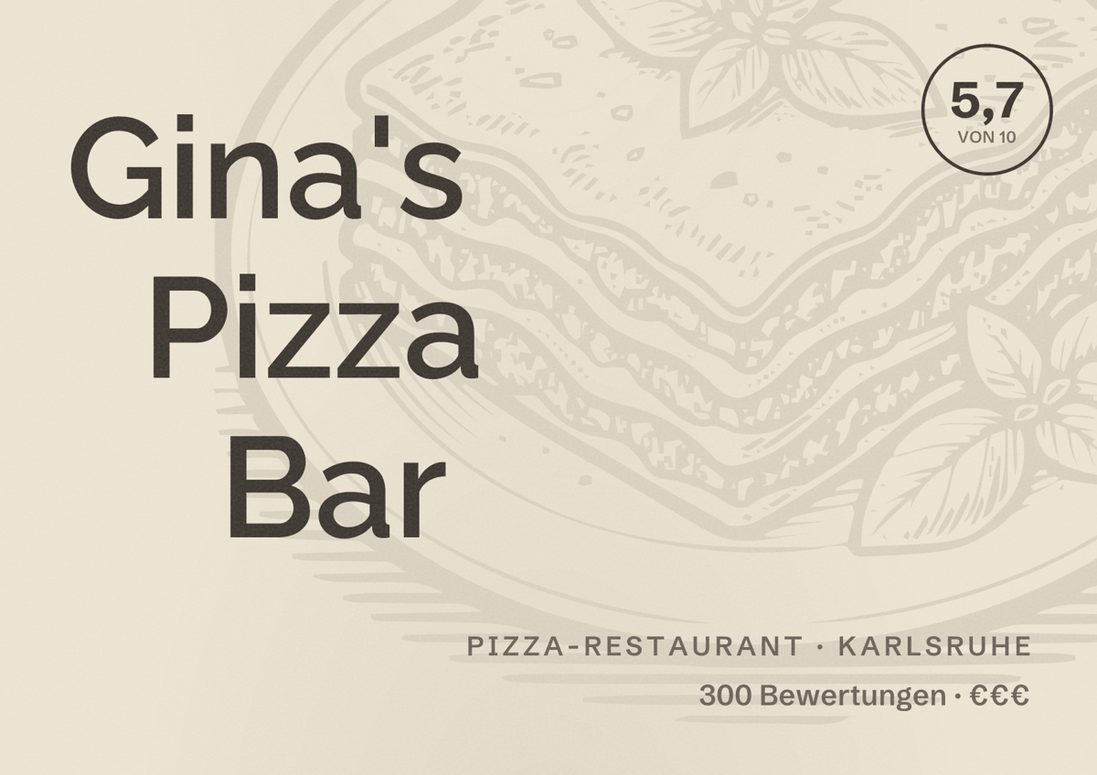 Illustriertes Poster von Gina's Pizza Bar, Pizza-Restaurant in Karlsruhe: Bewertung 5,7 von 10 aus 300 Bewertungen, Preisniveau €€€