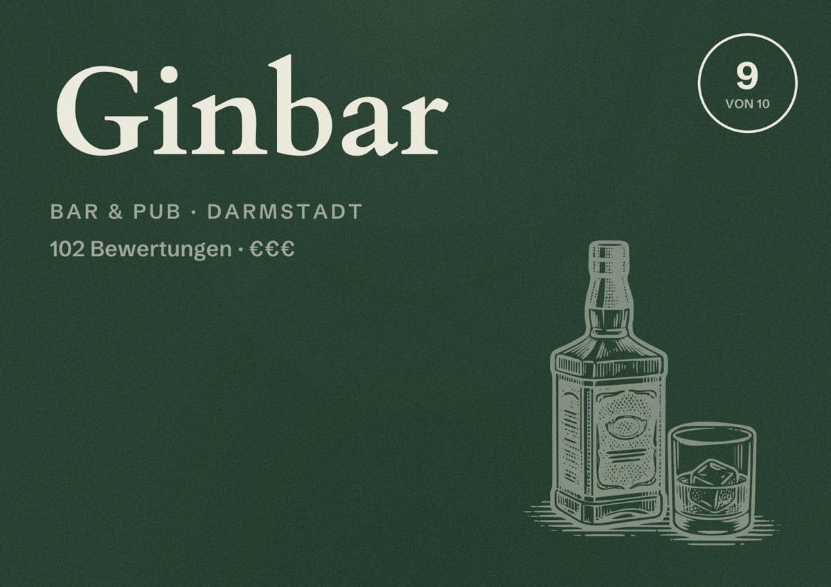 Illustriertes Poster von Ginbar, Bar & Pub in Darmstadt: Bewertung 9 von 10 aus 102 Bewertungen, Preisniveau €€€