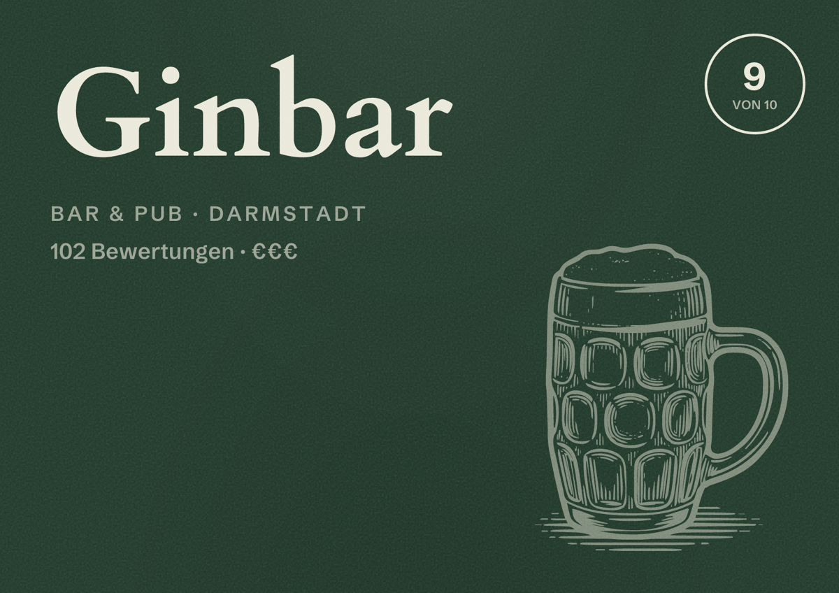 Illustriertes Poster von Ginbar, Bar & Pub in Darmstadt: Bewertung 9 von 10 aus 102 Bewertungen, Preisniveau €€€