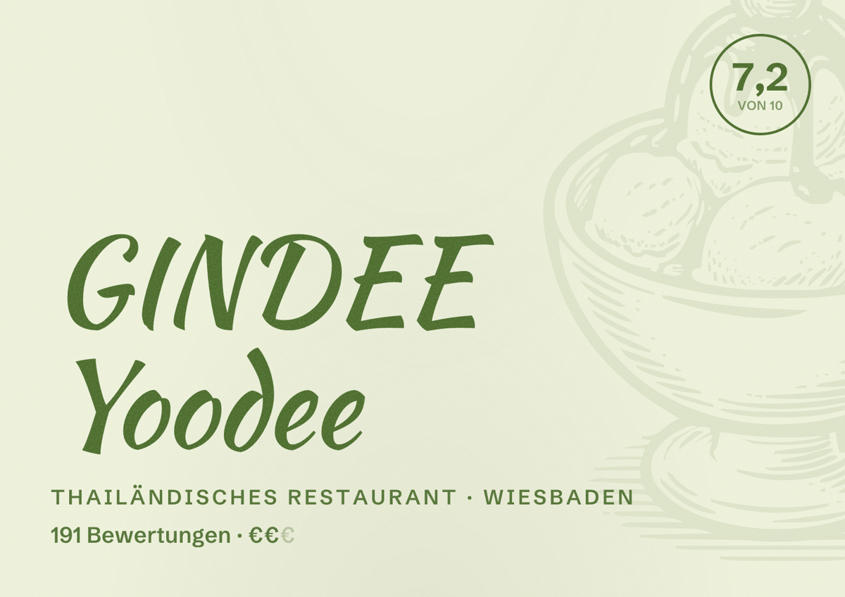 Illustriertes Poster von GINDEE Yoodee, Thailändisches Restaurant in Wiesbaden: Bewertung 7,2 von 10 aus 191 Bewertungen, Preisniveau €€