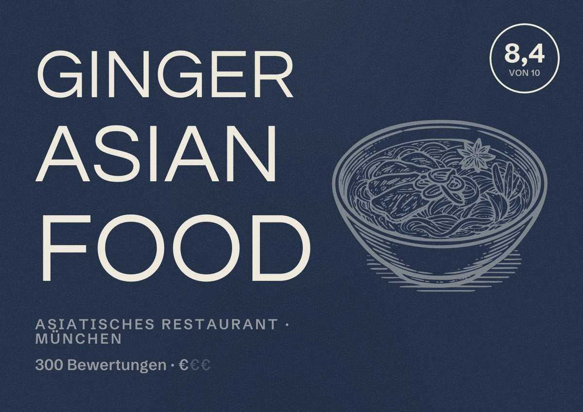 Illustriertes Poster von Ginger Asian Food, Asiatisches Restaurant in München: Bewertung 8,4 von 10 aus 300 Bewertungen, Preisniveau €