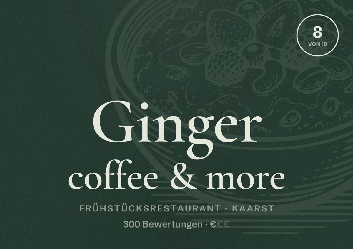 Illustriertes Poster von Ginger coffee & more, Frühstücksrestaurant in Kaarst: Bewertung 8 von 10 aus 300 Bewertungen, Preisniveau €