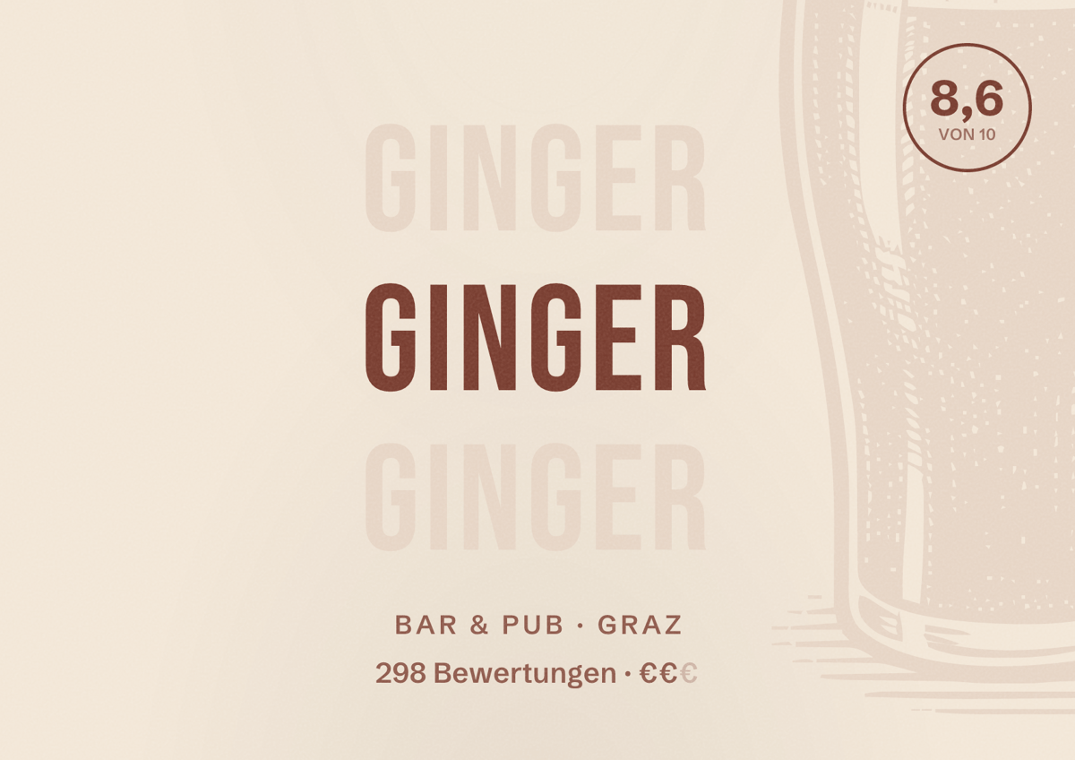 Illustriertes Poster von Ginger, Bar & Pub in Graz: Bewertung 8,6 von 10 aus 298 Bewertungen, Preisniveau €€