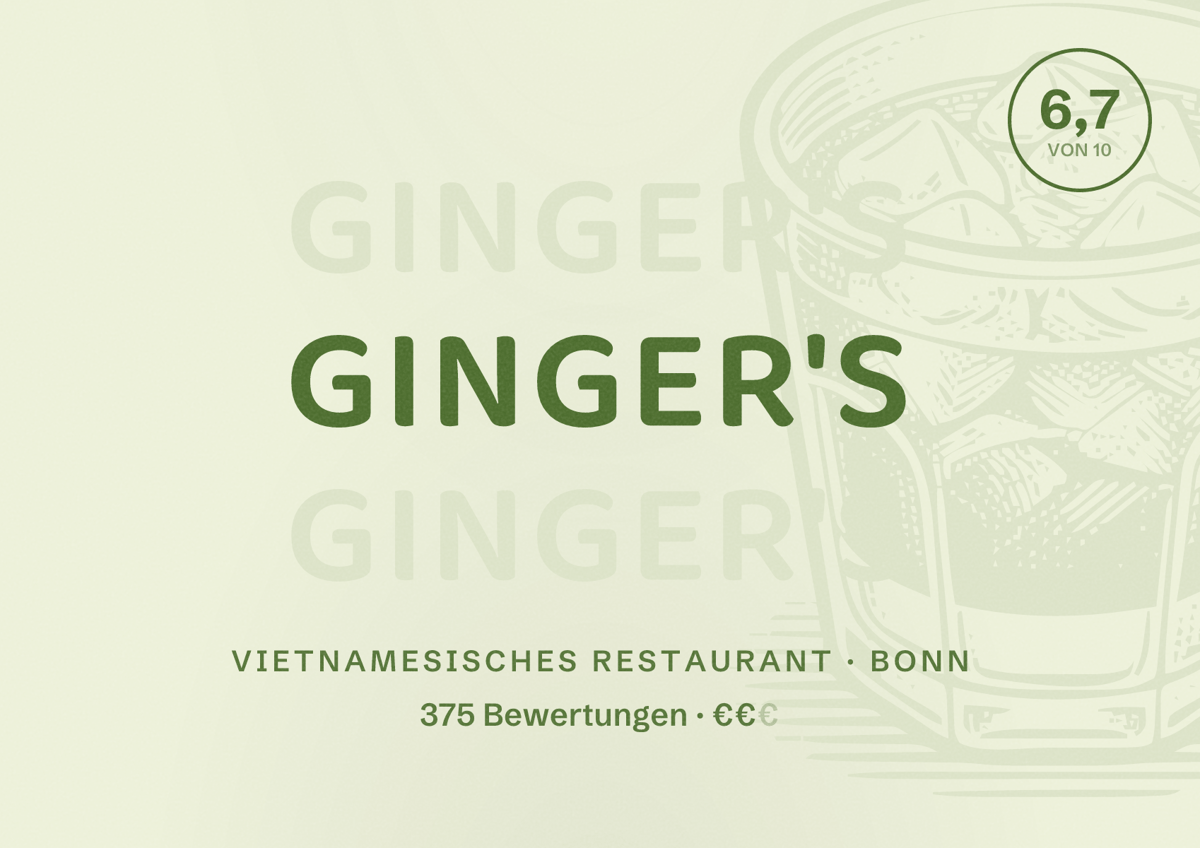 Illustriertes Poster von Ginger's, Vietnamesisches Restaurant in Bonn: Bewertung 6,7 von 10 aus 375 Bewertungen, Preisniveau €€