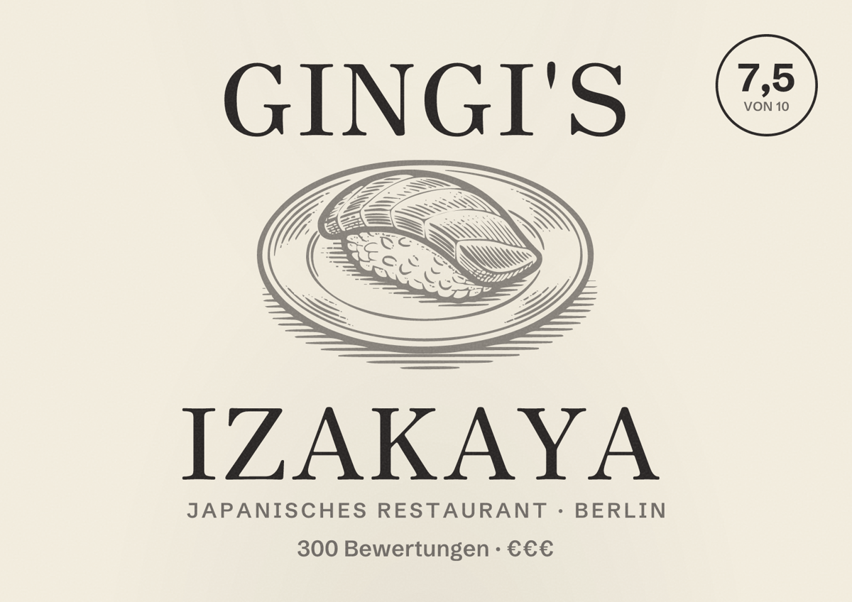 Illustriertes Poster von Gingi's Izakaya, Japanisches Restaurant in Berlin: Bewertung 7,5 von 10 aus 300 Bewertungen, Preisniveau €€€