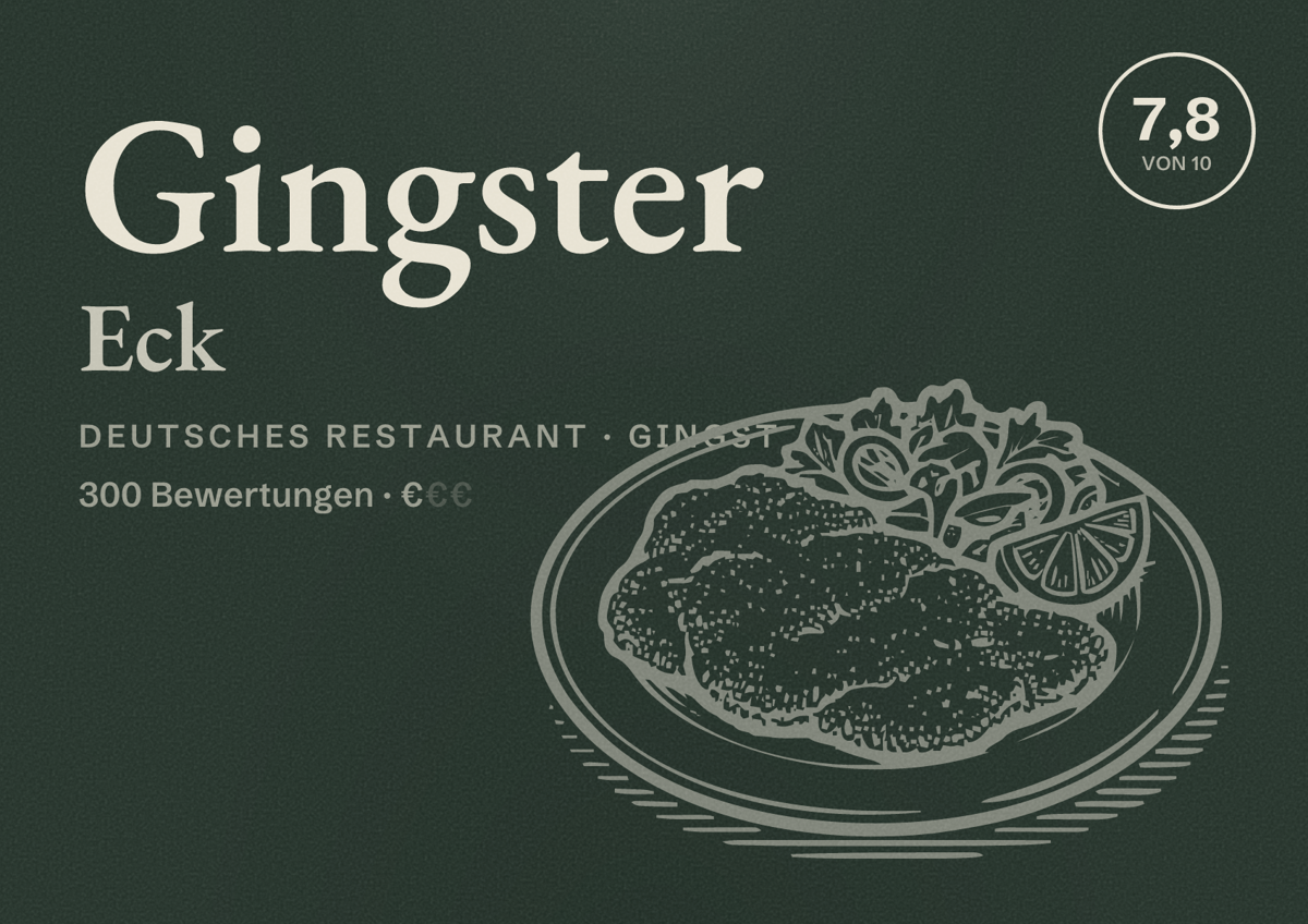 Illustriertes Poster von Gingster Eck, Deutsches Restaurant in Gingst: Bewertung 7,8 von 10 aus 300 Bewertungen, Preisniveau €