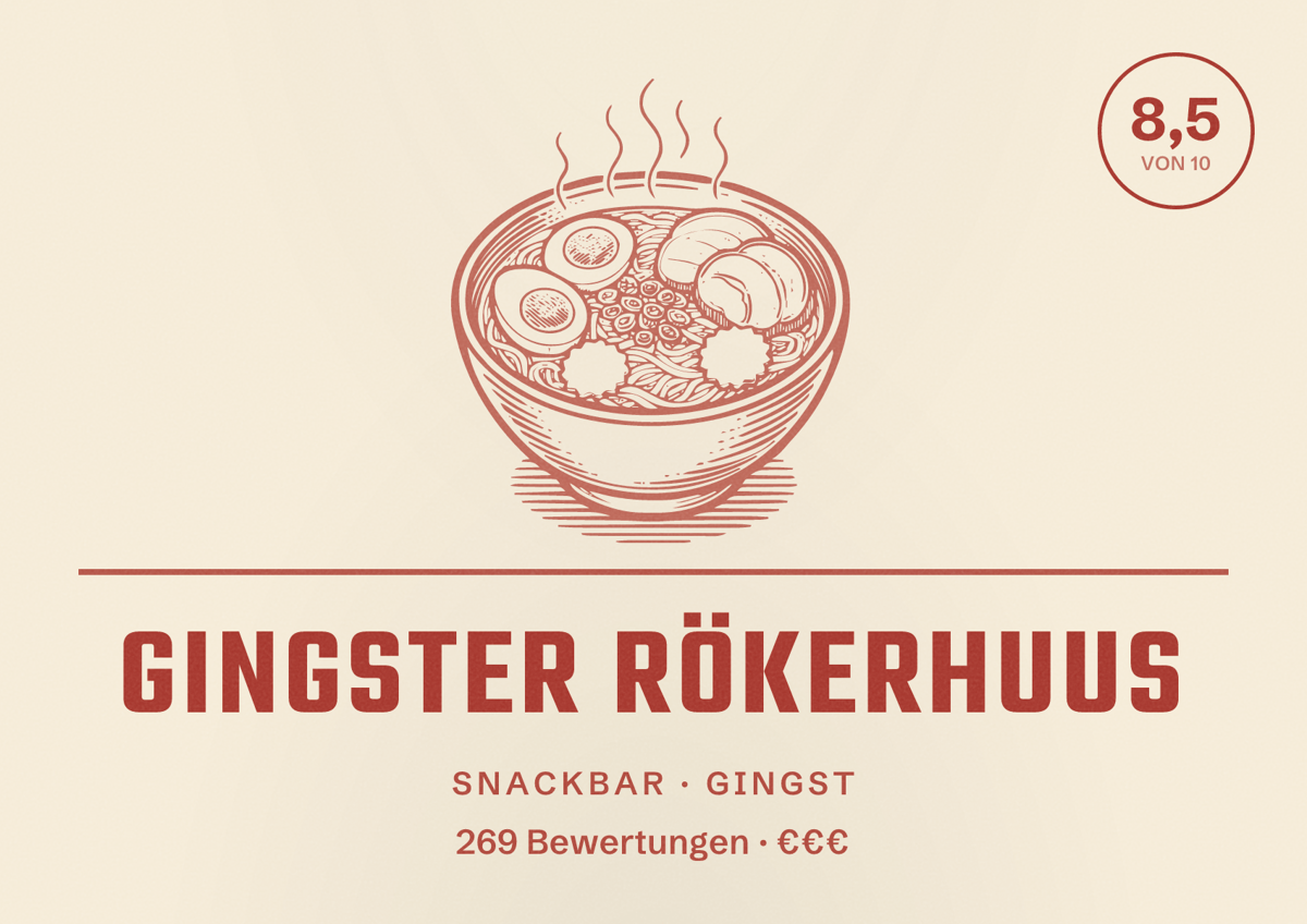 Illustriertes Poster von Gingster Rökerhuus, Snackbar in Gingst: Bewertung 8,5 von 10 aus 269 Bewertungen, Preisniveau €€€