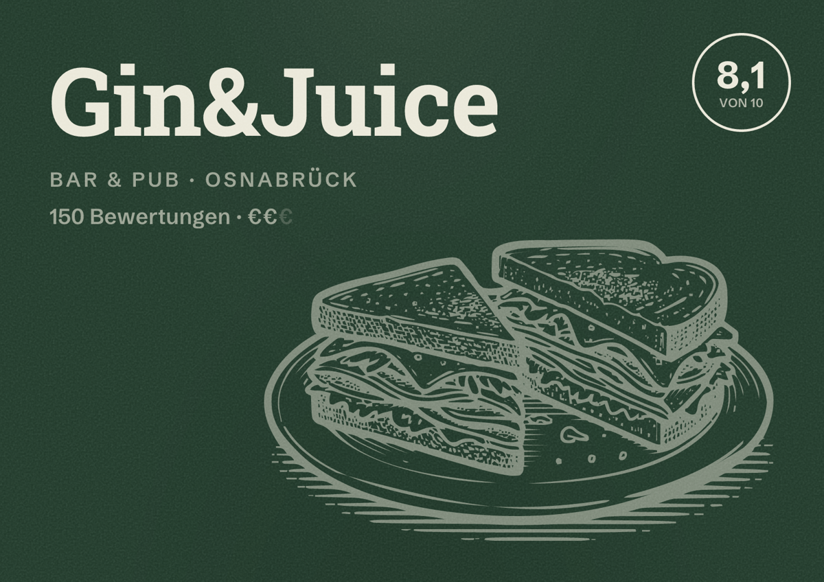 Illustriertes Poster von Gin&Juice, Bar & Pub in Osnabrück: Bewertung 8,1 von 10 aus 150 Bewertungen, Preisniveau €€