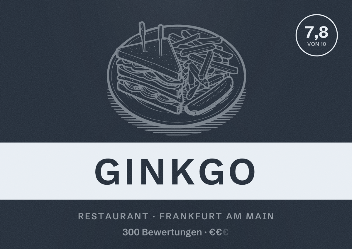 Illustriertes Poster von Ginkgo, Restaurant in Frankfurt am Main: Bewertung 7,8 von 10 aus 300 Bewertungen, Preisniveau €€