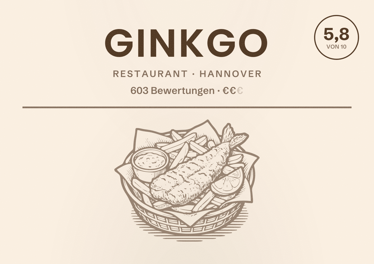 Illustriertes Poster von Ginkgo, Restaurant in Hannover: Bewertung 5,8 von 10 aus 603 Bewertungen, Preisniveau €€