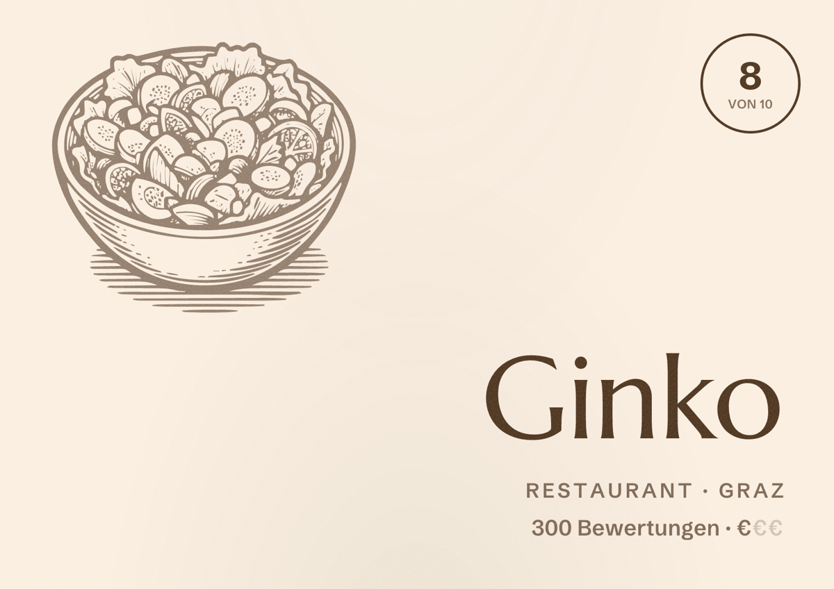 Illustriertes Poster von Ginko, Restaurant in Graz: Bewertung 8 von 10 aus 300 Bewertungen, Preisniveau €