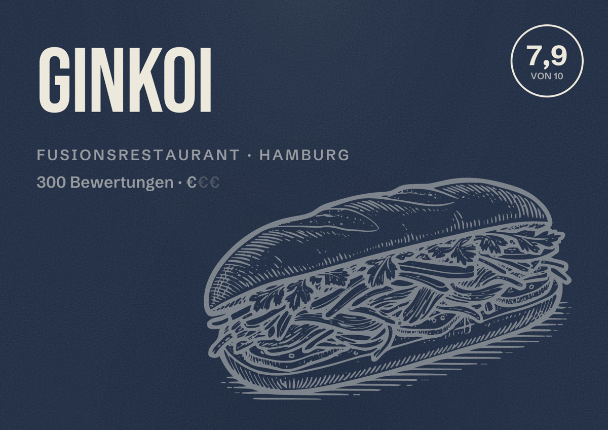 Illustriertes Poster von Ginkoi, Fusionsrestaurant in Hamburg: Bewertung 7,9 von 10 aus 300 Bewertungen, Preisniveau €