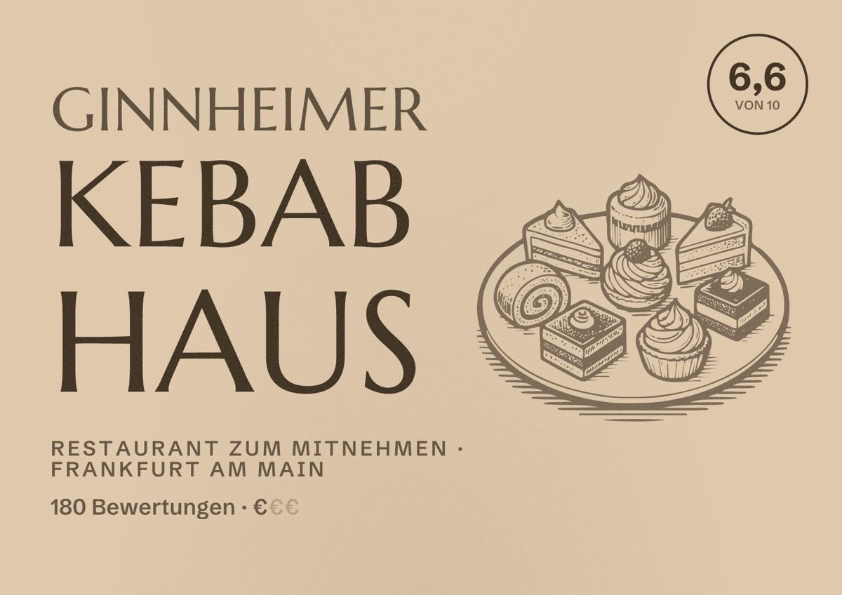 Illustriertes Poster von Ginnheimer Kebab Haus, Restaurant zum Mitnehmen in Frankfurt am Main: Bewertung 6,6 von 10 aus 180 Bewertungen, Preisniveau €